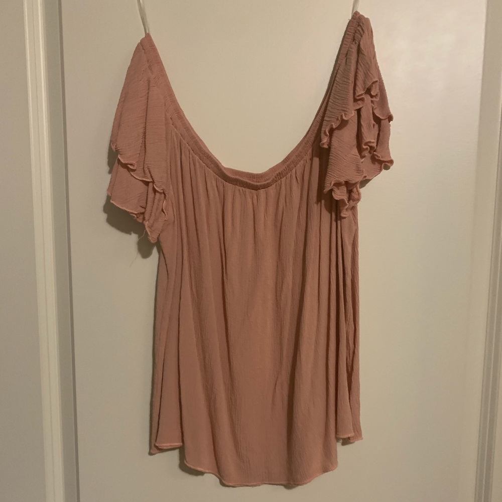Peach colored off the shoulder top